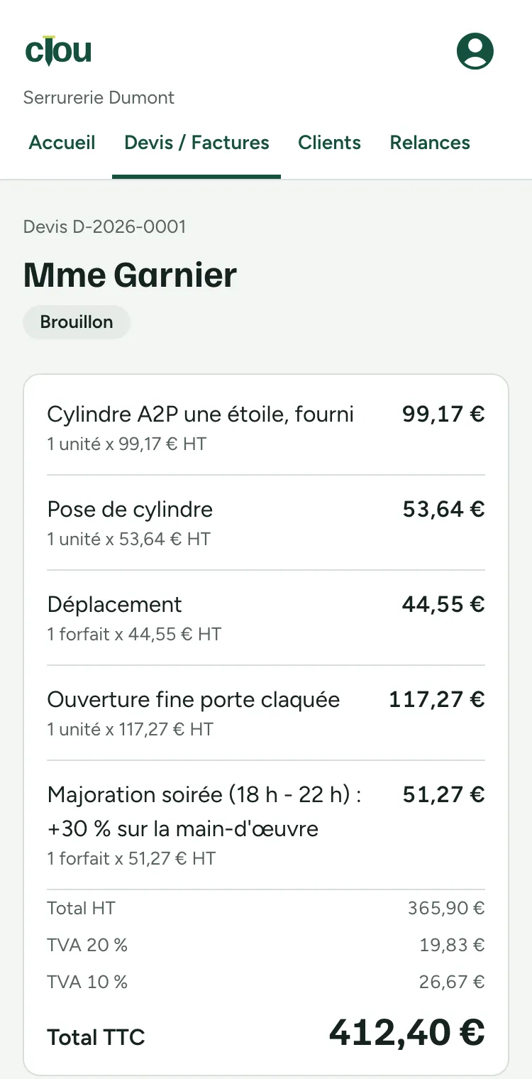 Devis terminé : cylindre A2P, pose, déplacement, ouverture fine, majoration de soirée, 412,40 € TTC