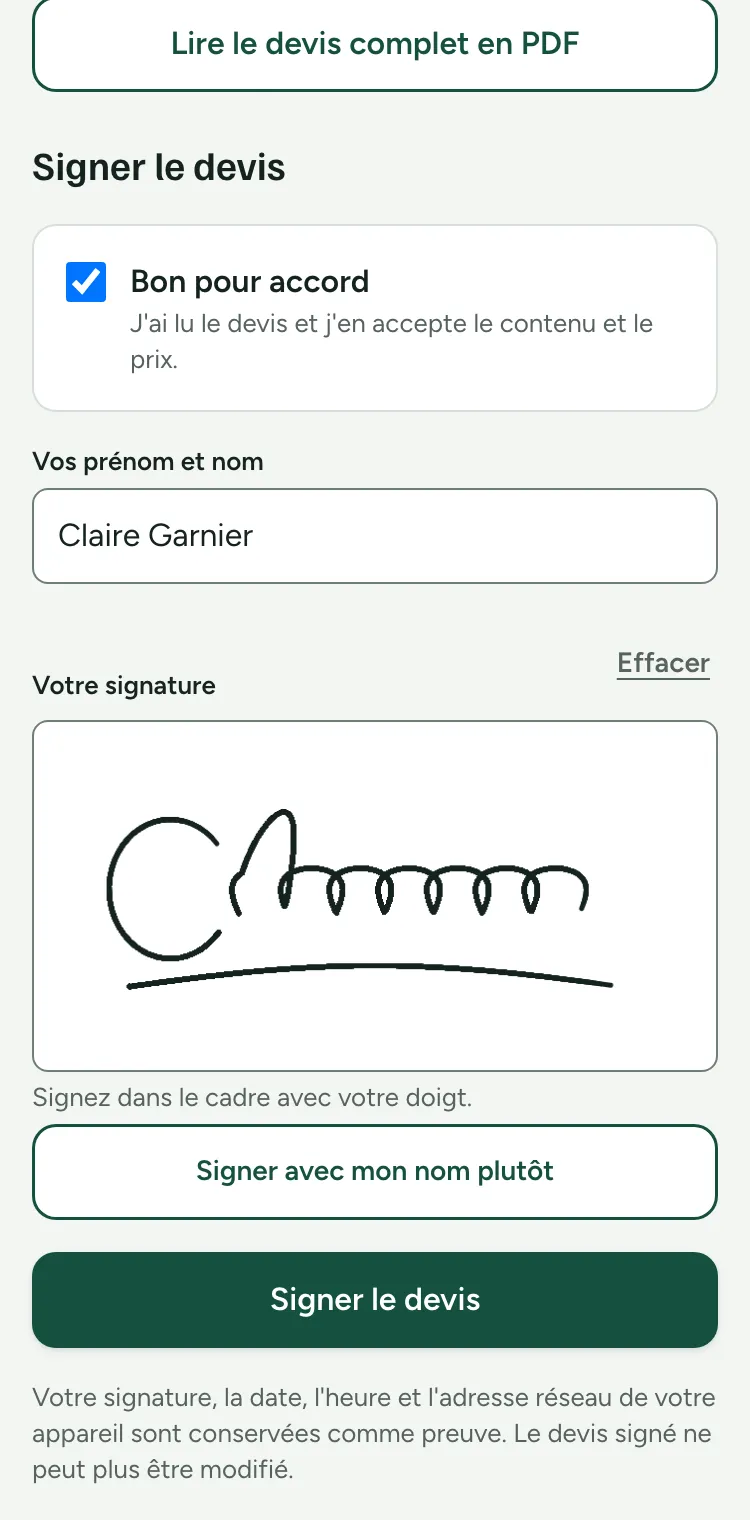 Signature du devis au doigt, avec « Bon pour accord »